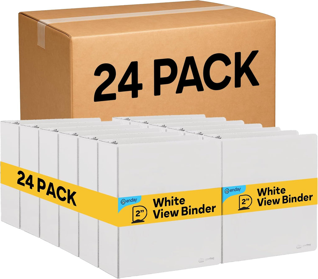 2 Inch Binders 3 Ring, White 2 Inch Round Ring Binder with Clear View Cover & 2 Inside Pockets, School Supplies Binders (24 PC) – by Enday