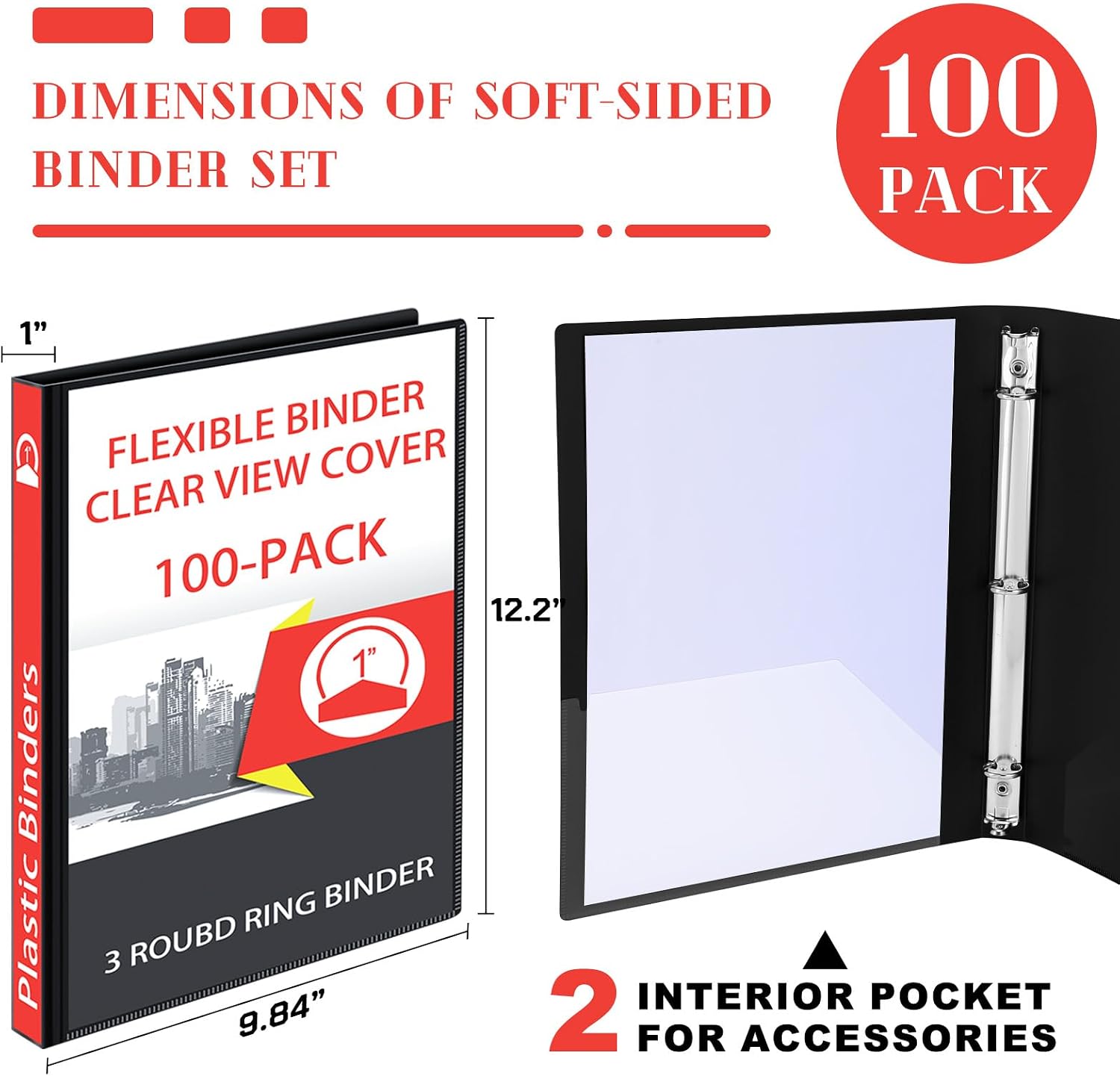 Fulmoon 100 Pcs 3 Ring Binders 1 Inch, Plastic Flexible Binders in Bulk with 2 Interior Pockets,Hold 175 Sheets with Clear Cover for Office, Home, and School(Black)