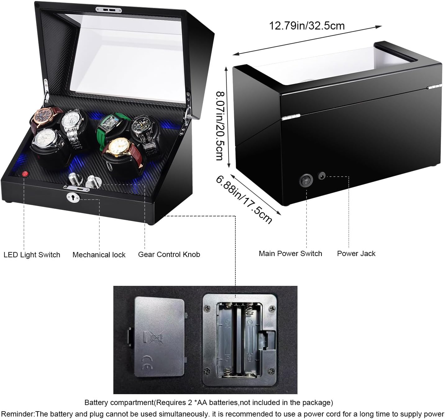 Watch Winder for Automatic Watches, Watch Winders 3/6 Slot for Rolex, Watch Rotator Uses Super Quiet Motor, 4 Rotation Mode Setting & LED Light & Mechanical Lock, Gift for Man