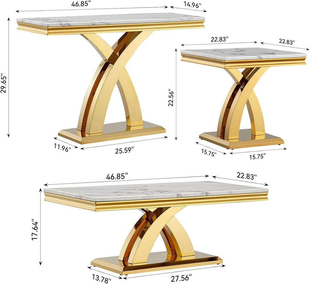 3 Pieces Living Room Table Set, Faux Marble Coffee Table Set of 3, Modern Coffee Table, Console Table and End Table with X-Shaped Stainless Steel Base for Living Room (White Gold)