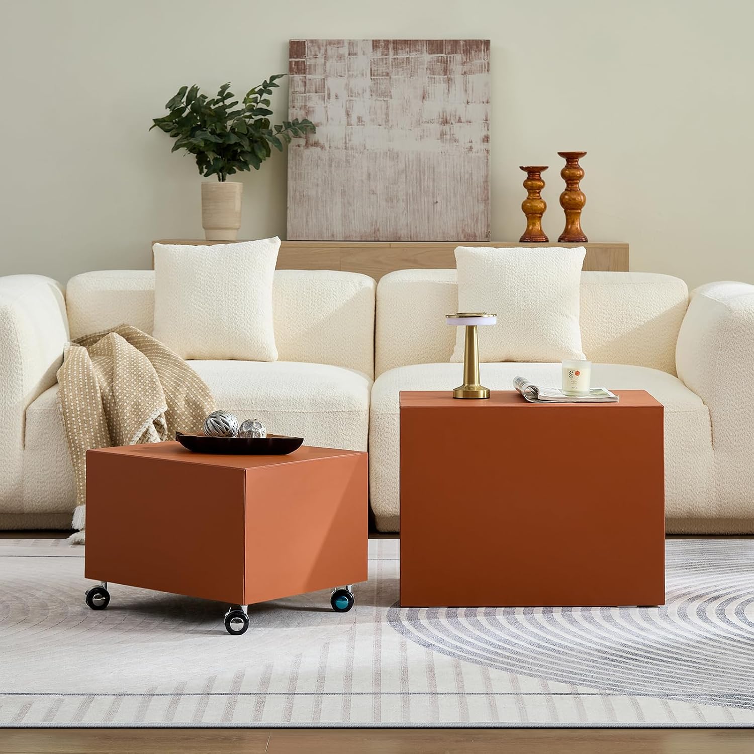 23.62' Modern Leather Coffee Table Set, Minimalist Center Table with Wheels, Wooden Coffee Table Sets for Living Room, Apartment, Office, Bedroom, Orange