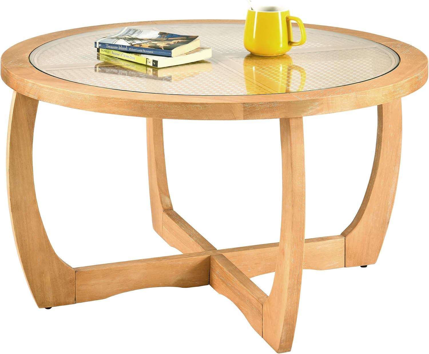 PADMA HOUSE Round Wood Coffee Table with Glass Rattan Top, Wooden Circle Center Table with Curved Legs & Removeable Tempered Glasstop, Cocktail Table for Living Room, Light Brown 32.28' x 18.15'