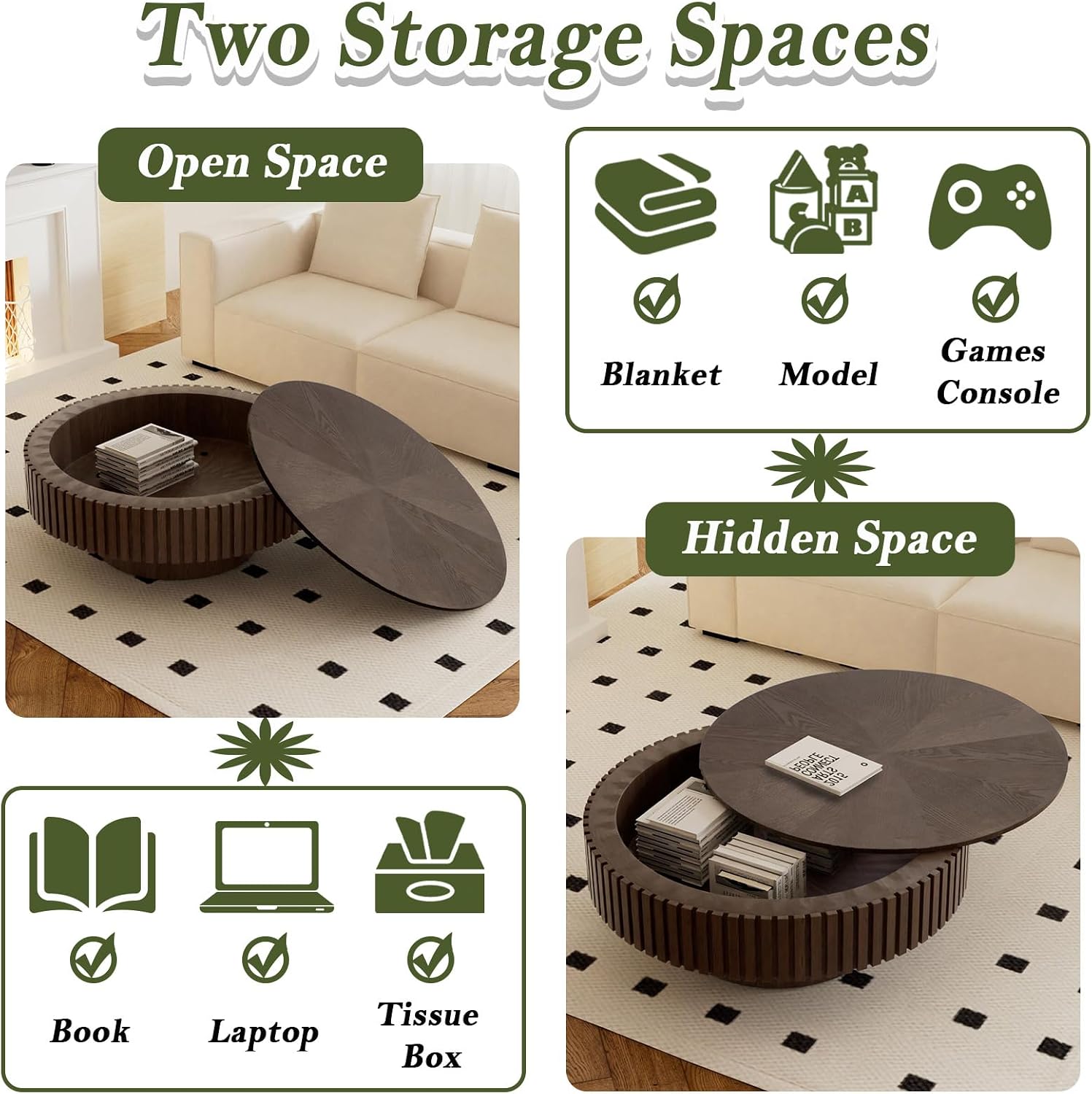 Round Coffee Table with Storage Modern Round Storage Coffee Table Brown Fluted Drum Coffee Table Low Circle Coffee Tables for Living Room (Brown B, 31.4')