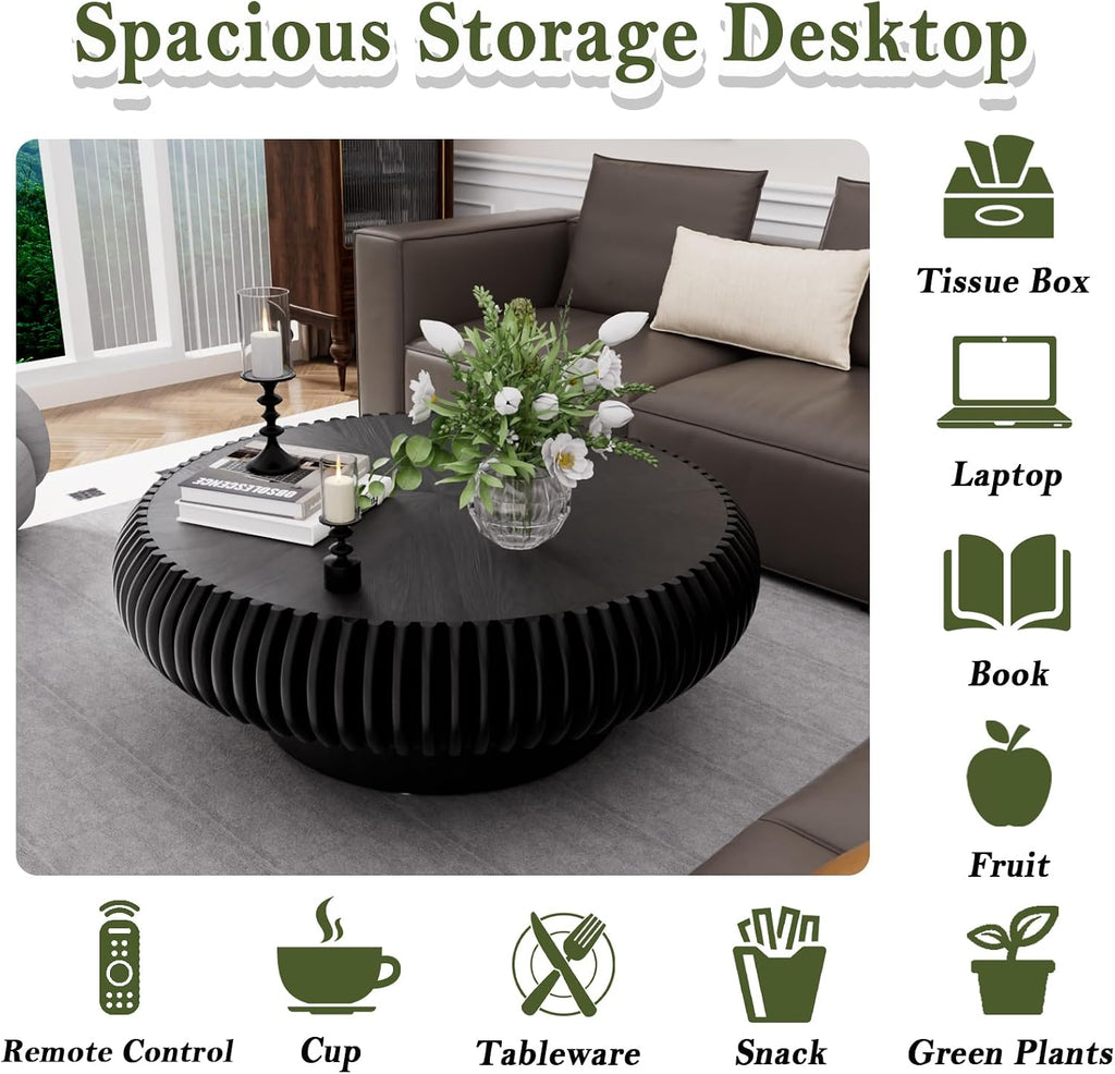 Round Fluted Drum Coffee Table Modern Round Black Fluted Coffee Table Low Circle Coffee Tables for Living Room (Black A, 31.4')