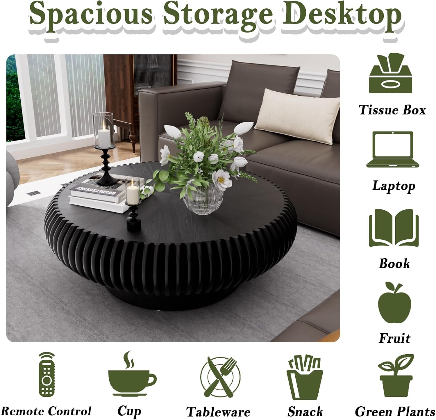 Round Fluted Drum Coffee Table Modern Round Black Fluted Coffee Table Low Circle Coffee Tables for Living Room (Black A, 31.4')