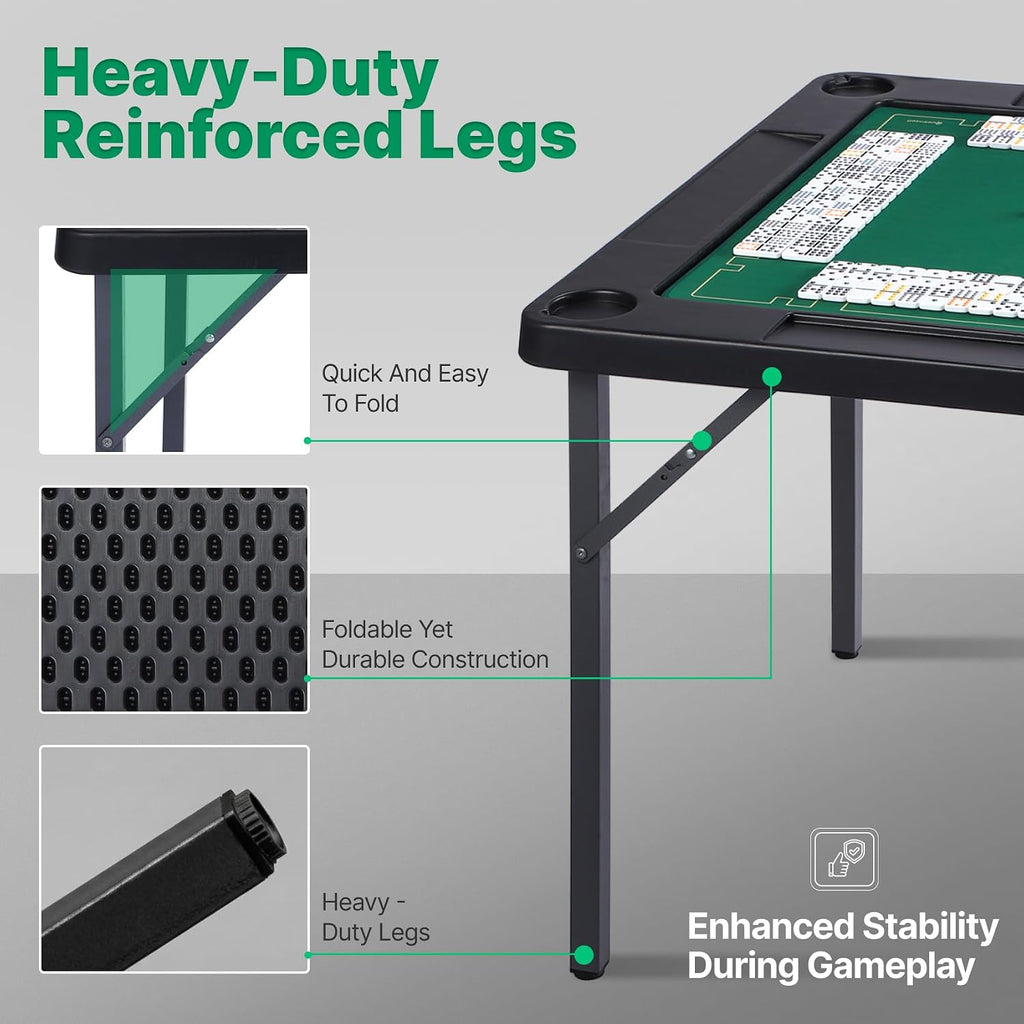 Queensell 35' Folding Game Table with Cup Holders, Domino and Mahjong Table with Heavy-Duty Legs, Double-Sided Mat and Storage Bag