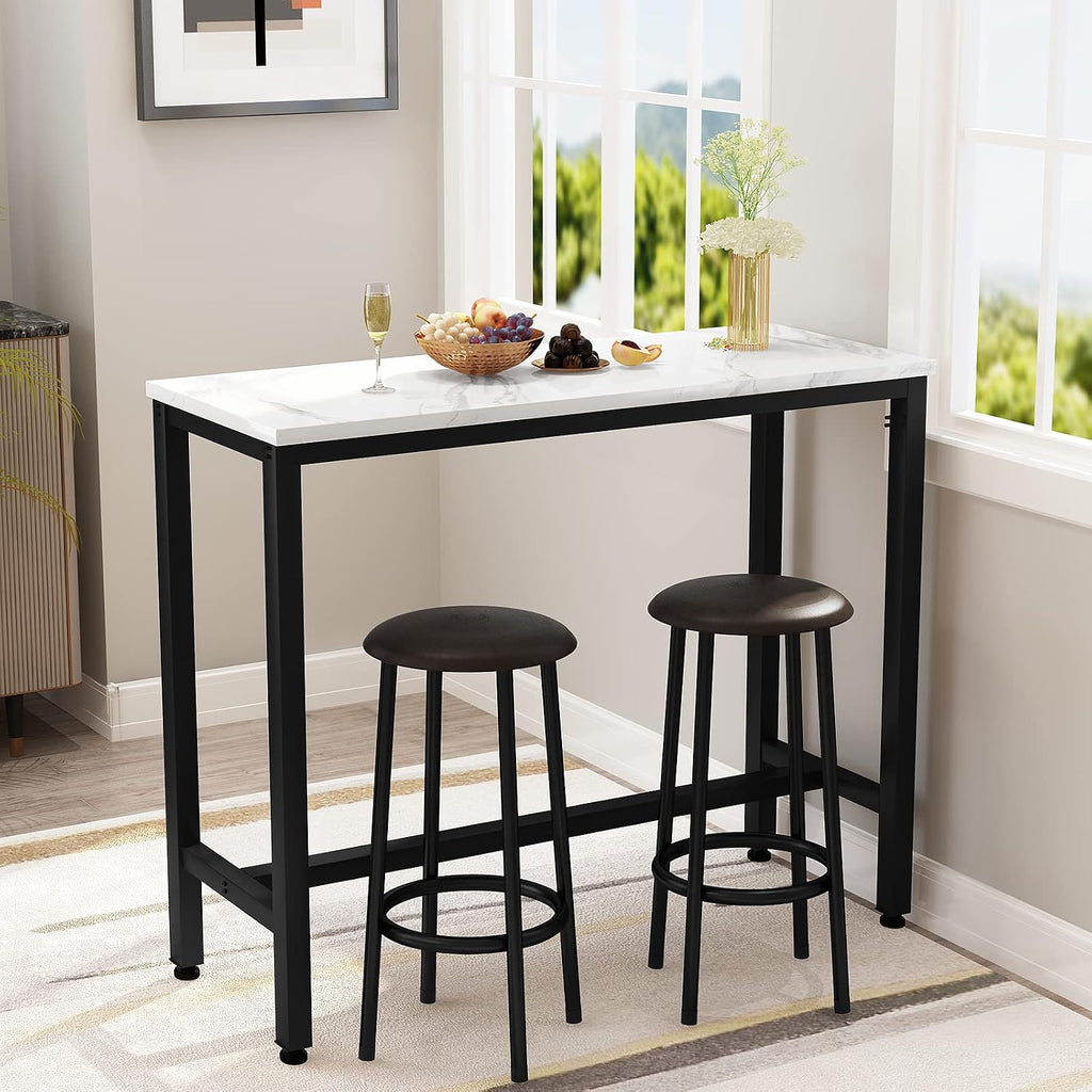 AWQM 47.2' Bar Table Set of 2,Faux Marble Pub Height Table and Chairs Set of 2 with Upholstered Stools,3 Piece Bar Table and Chairs Set Dining Table Set for Living Room,Kitchen,Bar,White & Brown