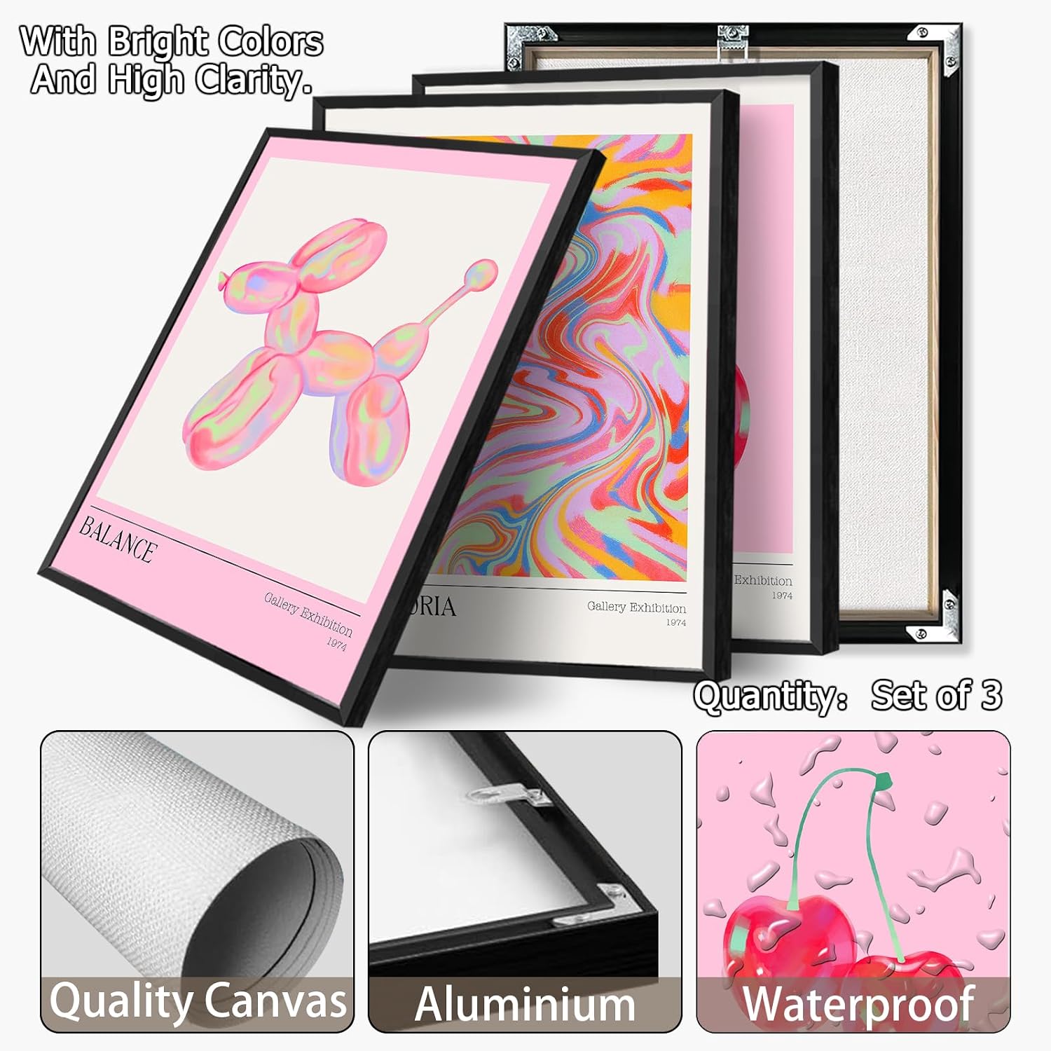 Trendy Set Of 3 Pink Cherry Cute Balloon Dog Posters Preppy Style Room Aesthetic Canvas Wall Art Gradient Aura Fresh Fruit Prints Painting For Home Bedroom Dorm Wall Decor 16X24in Black Frame