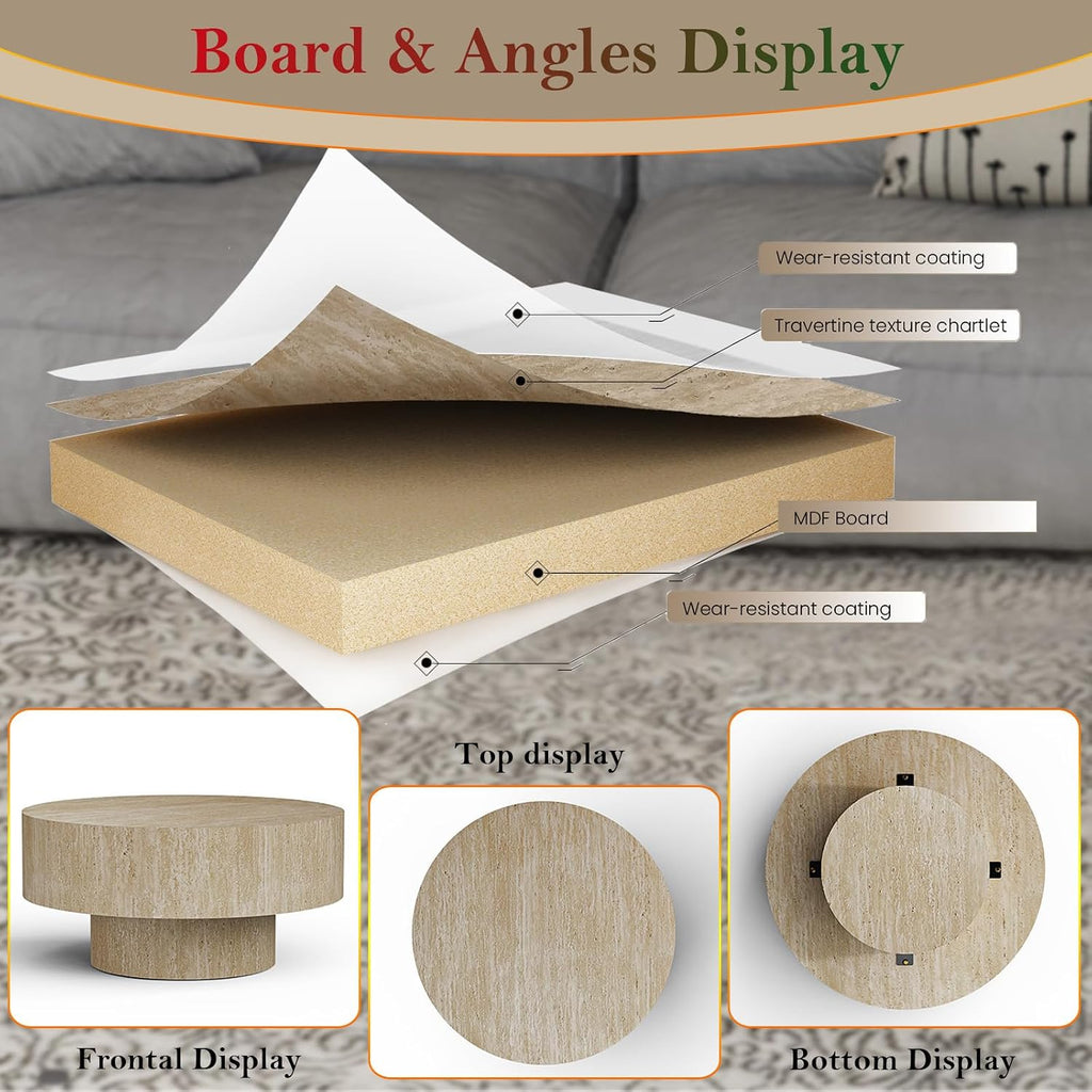 29.92' Travertine Round Coffee Table Modern Circle Low Center Tables - Chic Travertine Grain Veneer for Living Room Farmhouse Apartment Study Office (Travertine Round 29.92in)