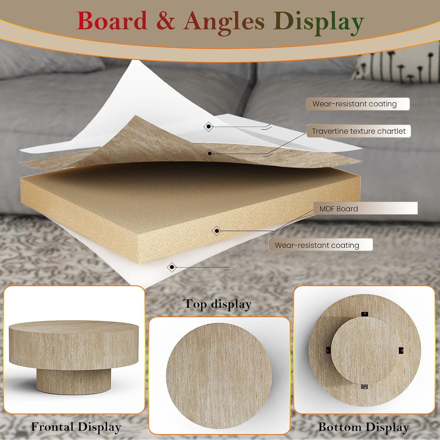 29.92' Travertine Round Coffee Table Modern Circle Low Center Tables - Chic Travertine Grain Veneer for Living Room Farmhouse Apartment Study Office (Travertine Round 29.92in)