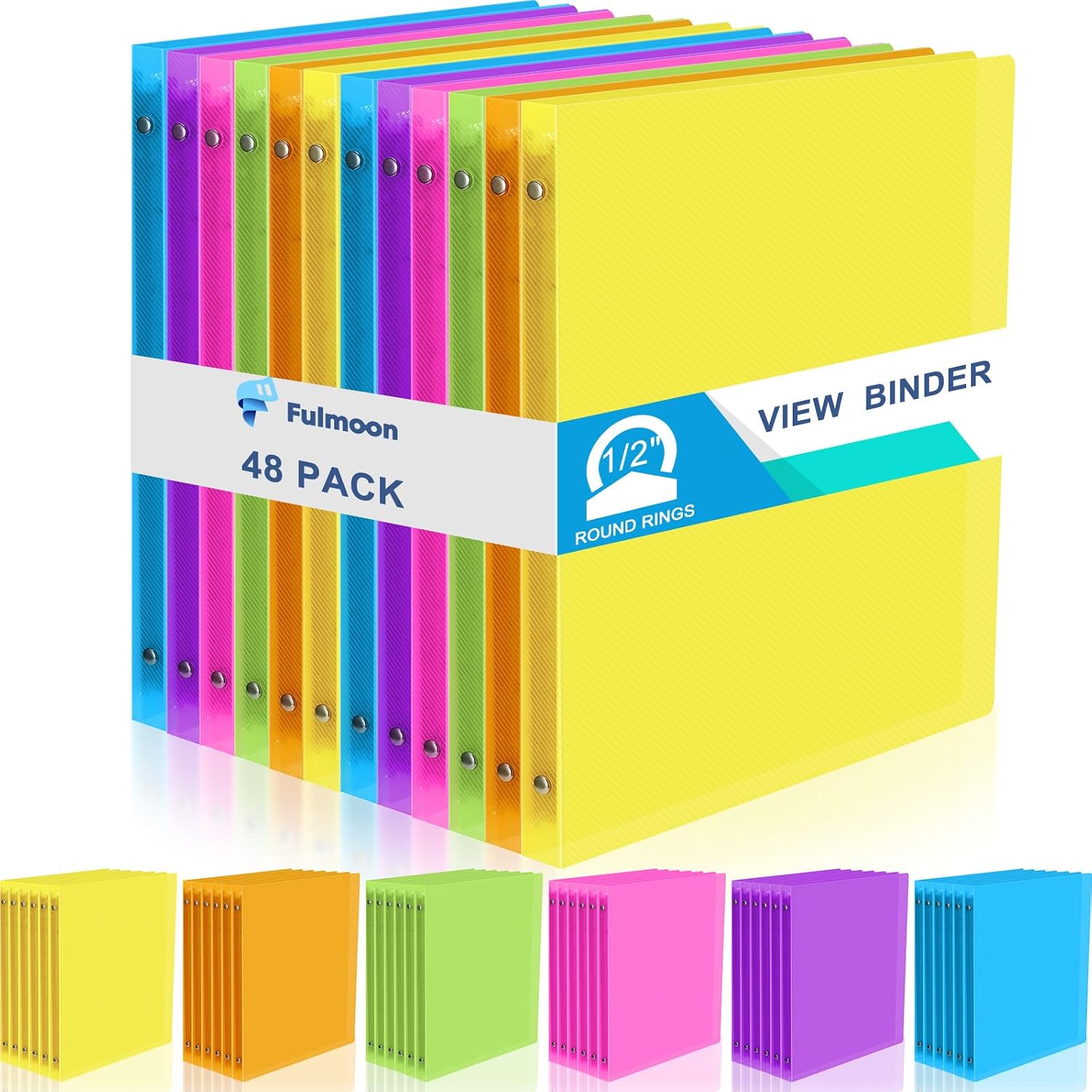 Fulmoon 48 Pack 3 Ring Plastic Binders 1/2 Inch Bulk with 2 Pockets, Flexible Binder Loose Leaf Hardcover, Fit 12' x 10' US Letter Size Paper, for School Office Home, 6 Colors(Bright)