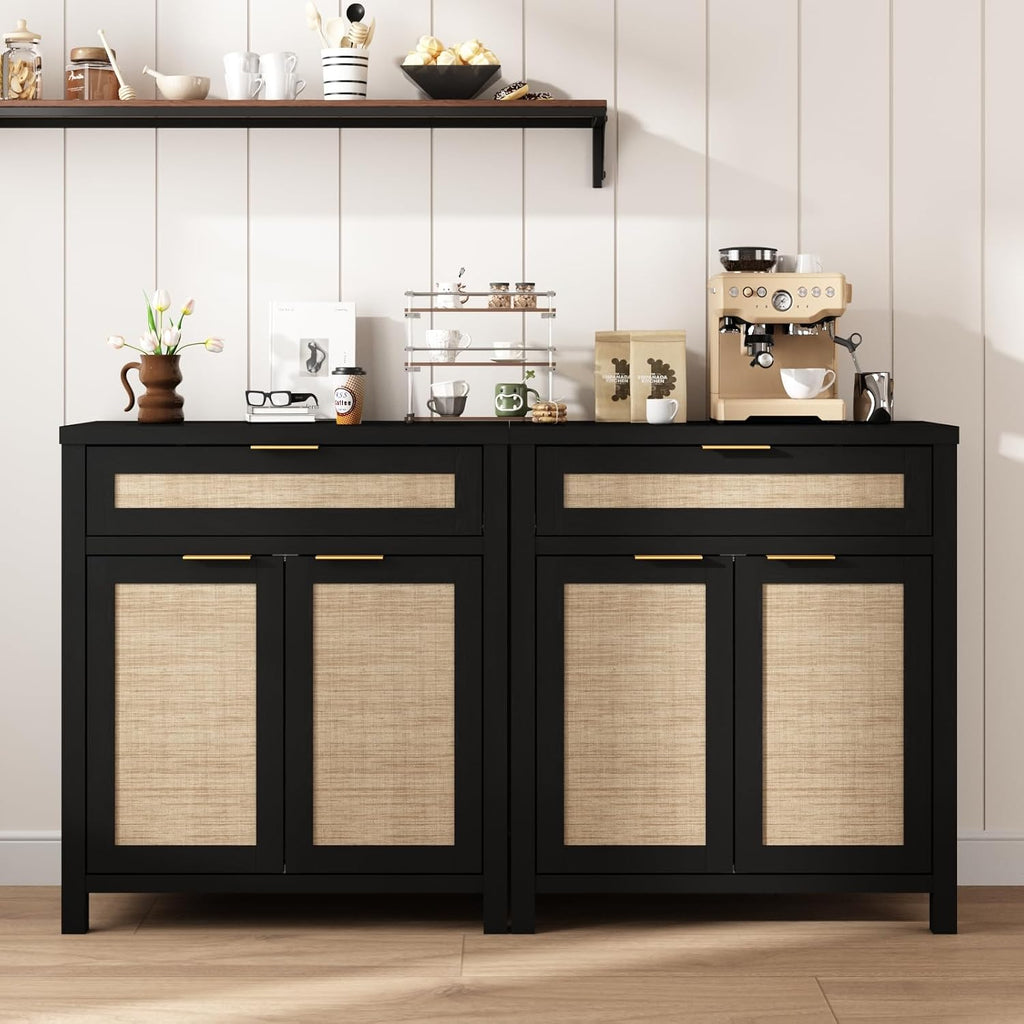 HOKYHOKY Rattan Sideboard Buffet Cabinet Set of 3, Boho Storage Cabinet with Adjustable Shelves, Farmhouse Credenza Coffee Bar Table with Doors & Drawer for Living Room, Hallway & Kitchen, Black