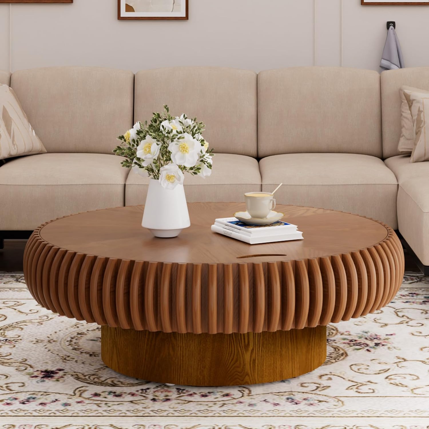 Round Fluted Coffee Table with Storage for Living Room, Modern Wooden Drum Coffee Table with Solid Wood Veneered, Circle Accent Tea Center Table for Small Space Apartmen (Brown, 39.37' with Storage)