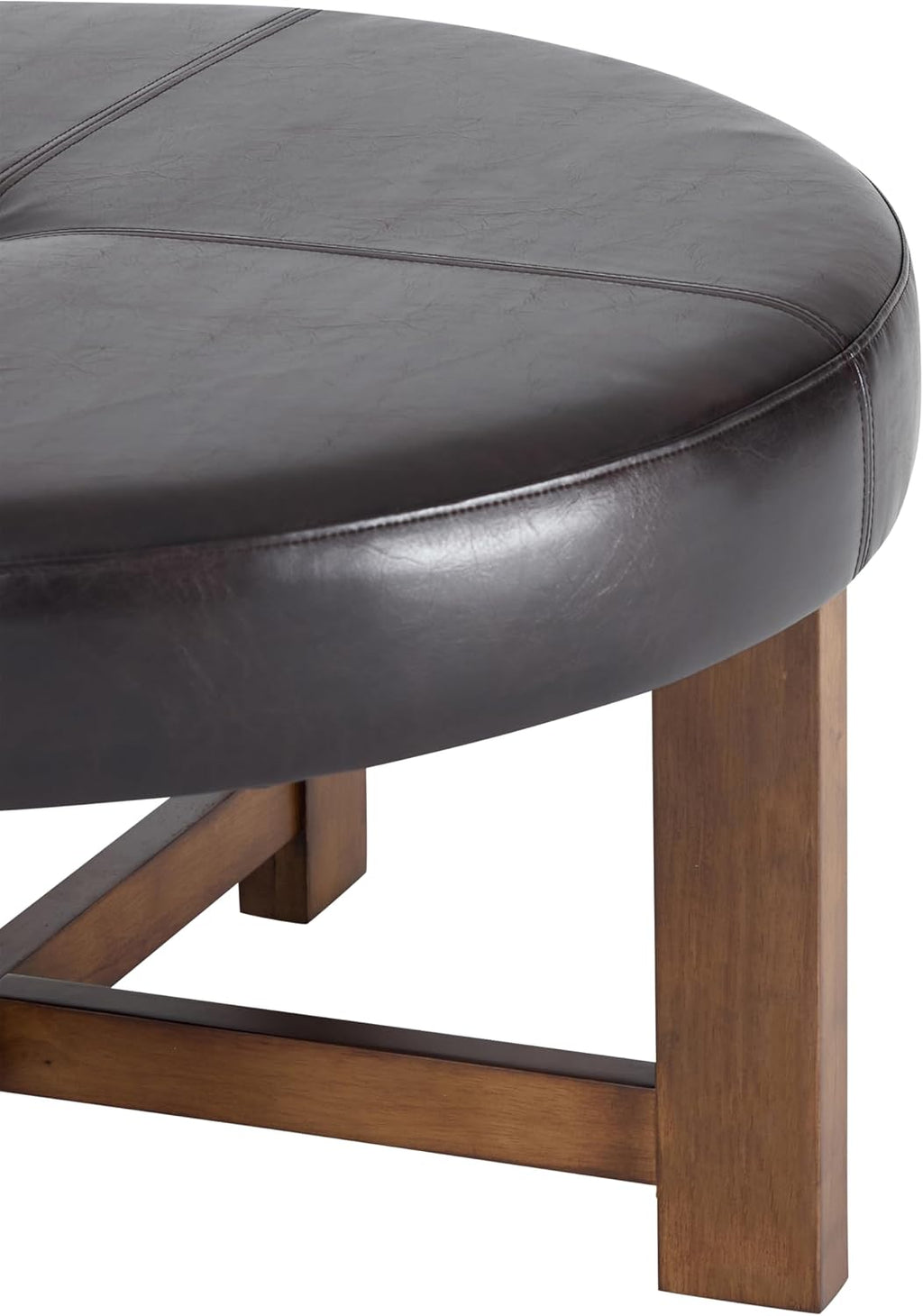 Christopher Knight Home Ladin Modern Round Ottoman Coffee Table, Faux Leather Cocktail Ottoman for Living Room Sofa, Entryway Comfortable Footstool, Wooden Ottoman Foot Rest, Dark Brown+Walnut