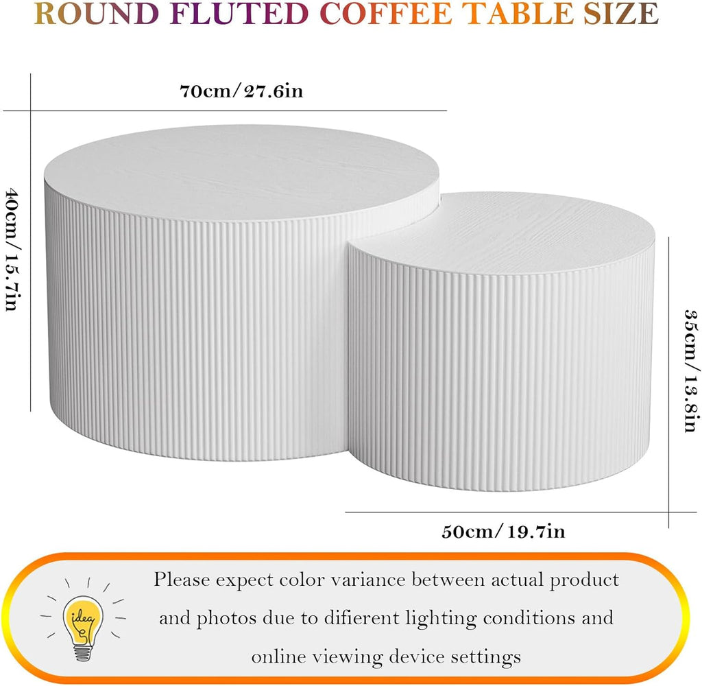 Modern Drum Coffee Table Set of 2 Stylish Minimalism Wave Stripe Fluted Nesting End Table - No Assemble, for Small Space (C-27.6IN+19.7IN)