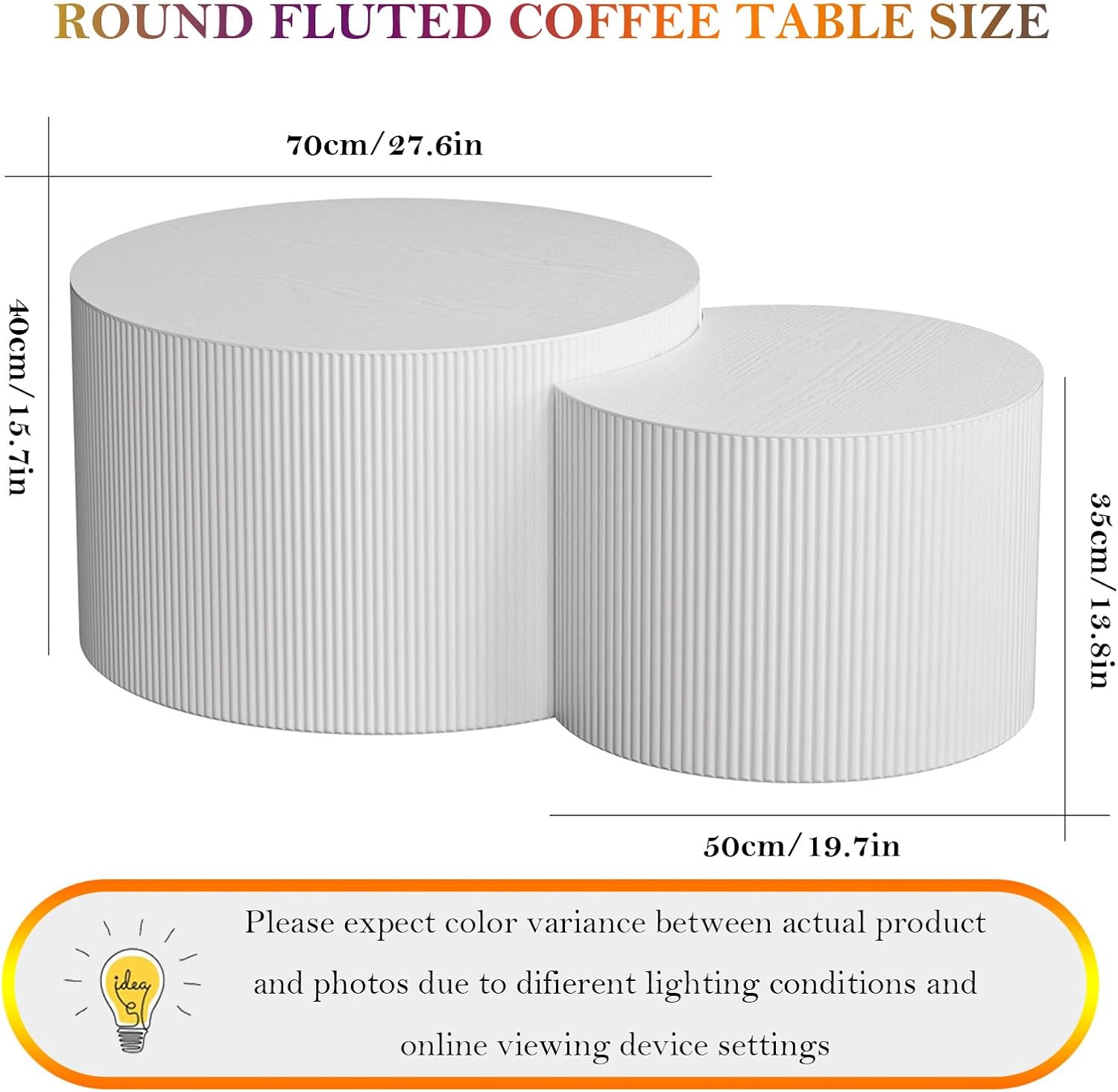 Modern Drum Coffee Table Set of 2 Stylish Minimalism Wave Stripe Fluted Nesting End Table - No Assemble, for Small Space (C-27.6IN+19.7IN)