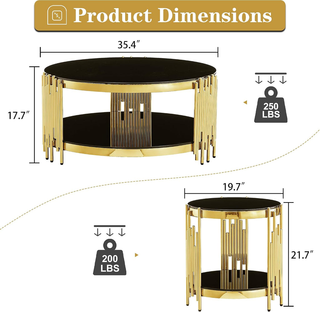 Round Glass Coffee Table Set of 3, Gold and Black Modern Living Room Table Set, Includes 1 Coffee Table & 2 End Tables, Gold Stainless Steel Base Tempered Glass Top, Luxury Furniture for Home Office