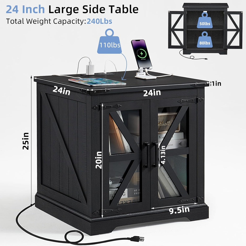 Joaxswe 24' End Table Set of 2 with Charging Station, Farmhouse Night Stand with Glass Barn Door, Nightstands with Adjustable Storage Shelf, Large Wood Square Bed Side Table for Living Room,Bedroom