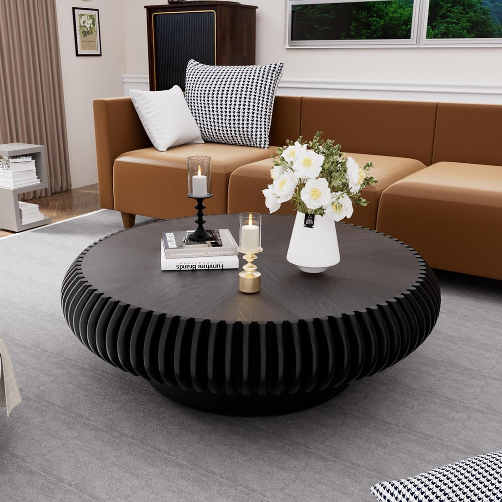 JHKZUDG Round Fluted Coffee Table 39.4'' Wood Drum Coffee Tables Contemporary Circle Accent Center Table Mid Century Side Table for Living Room, Small Space, Apartment (Black, 39.4' Coffee Table)