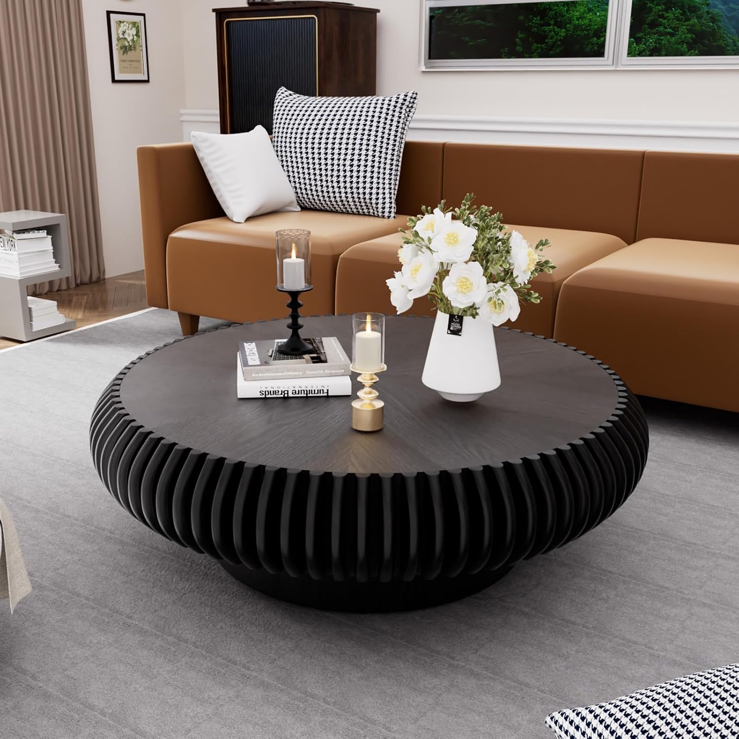 JHKZUDG Round Fluted Coffee Table 39.4'' Wood Drum Coffee Tables Contemporary Circle Accent Center Table Mid Century Side Table for Living Room, Small Space, Apartment (Black, 39.4' Coffee Table)