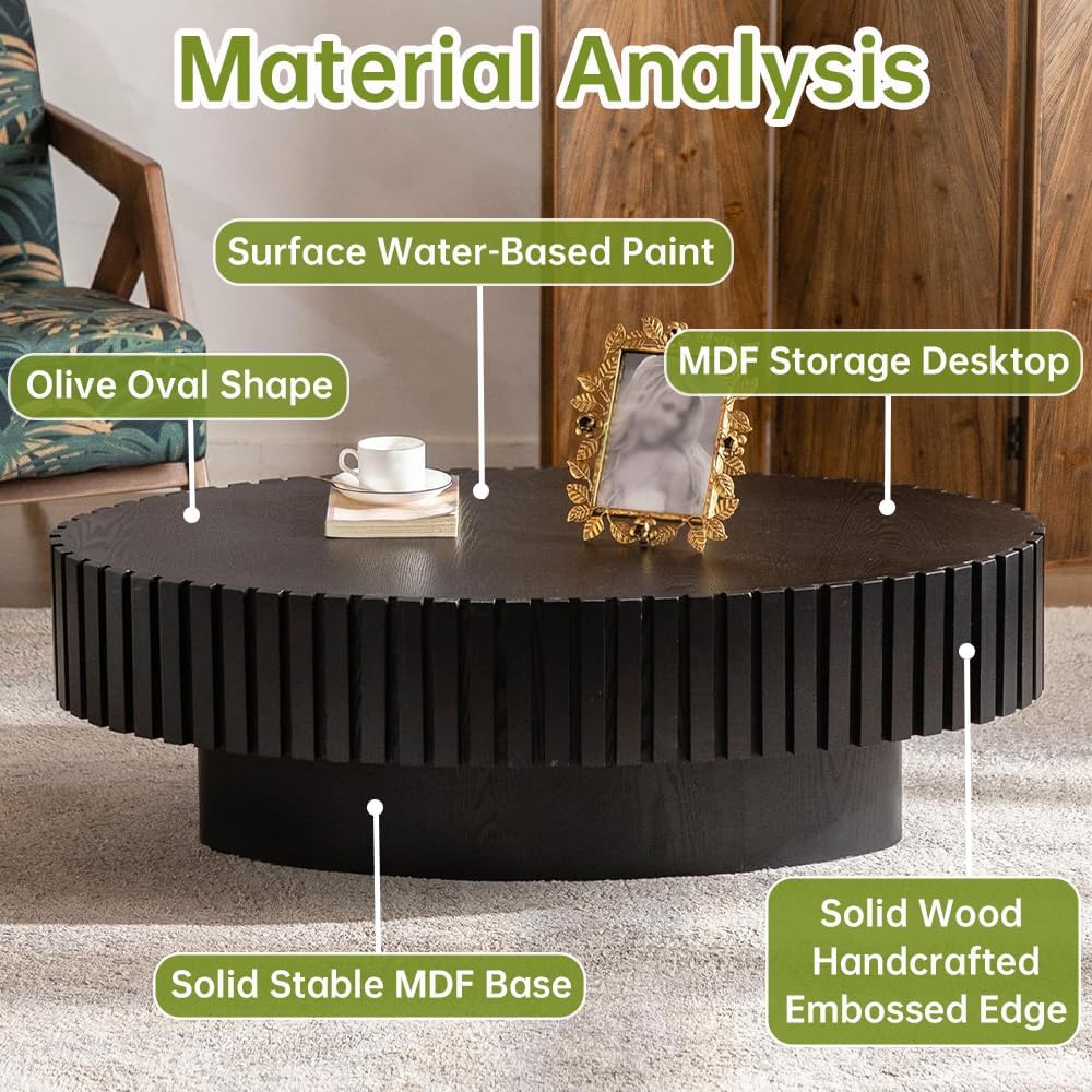 43.3in Oval Fluted Coffee Table Drum Coffee Tables for Living Room Modern Pedestal Center Table (Oval Black 43.3in)