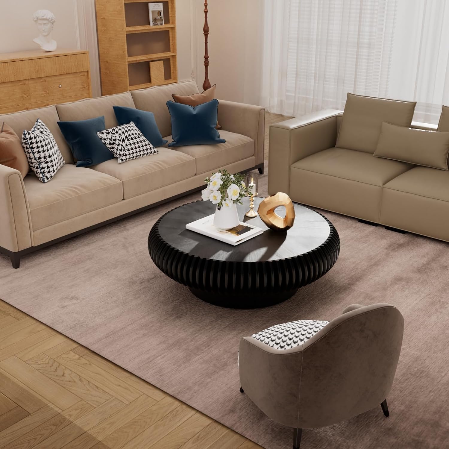 Round Coffee Table for Living Room Modern Black Fluted Coffee Table Round Drum Coffee Tables Low Circle Pedestal Center Table for Small Spaces (A Black, 39.3 in)