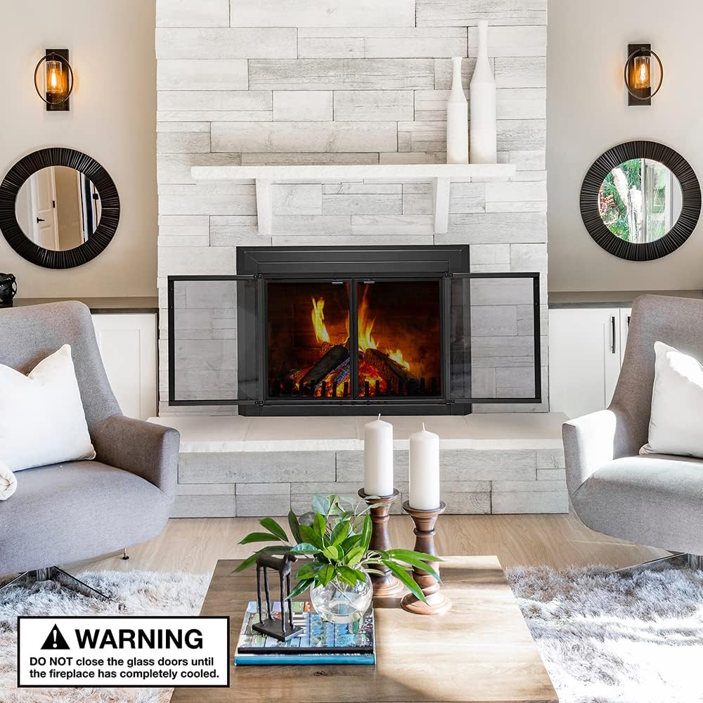 UniFlame - Logan - Cabinet-Style Fireplace Doors with Smoke Tempered Glass (Color: Black, Size: Small - Fits Opening 30in to 37in W x 22.5in to 29.5in H)