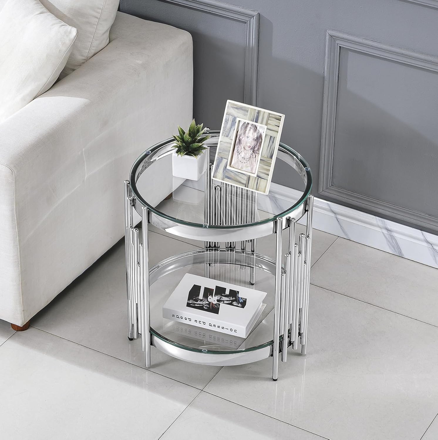 Luxury Glass Round Coffee Table Set of 2, Glass Circle Coffee Table and Clear Glass Side Table with Silver Stainless Steel Base, 2 Piece Living Room Coffee Table Set for Apartment Bedroom