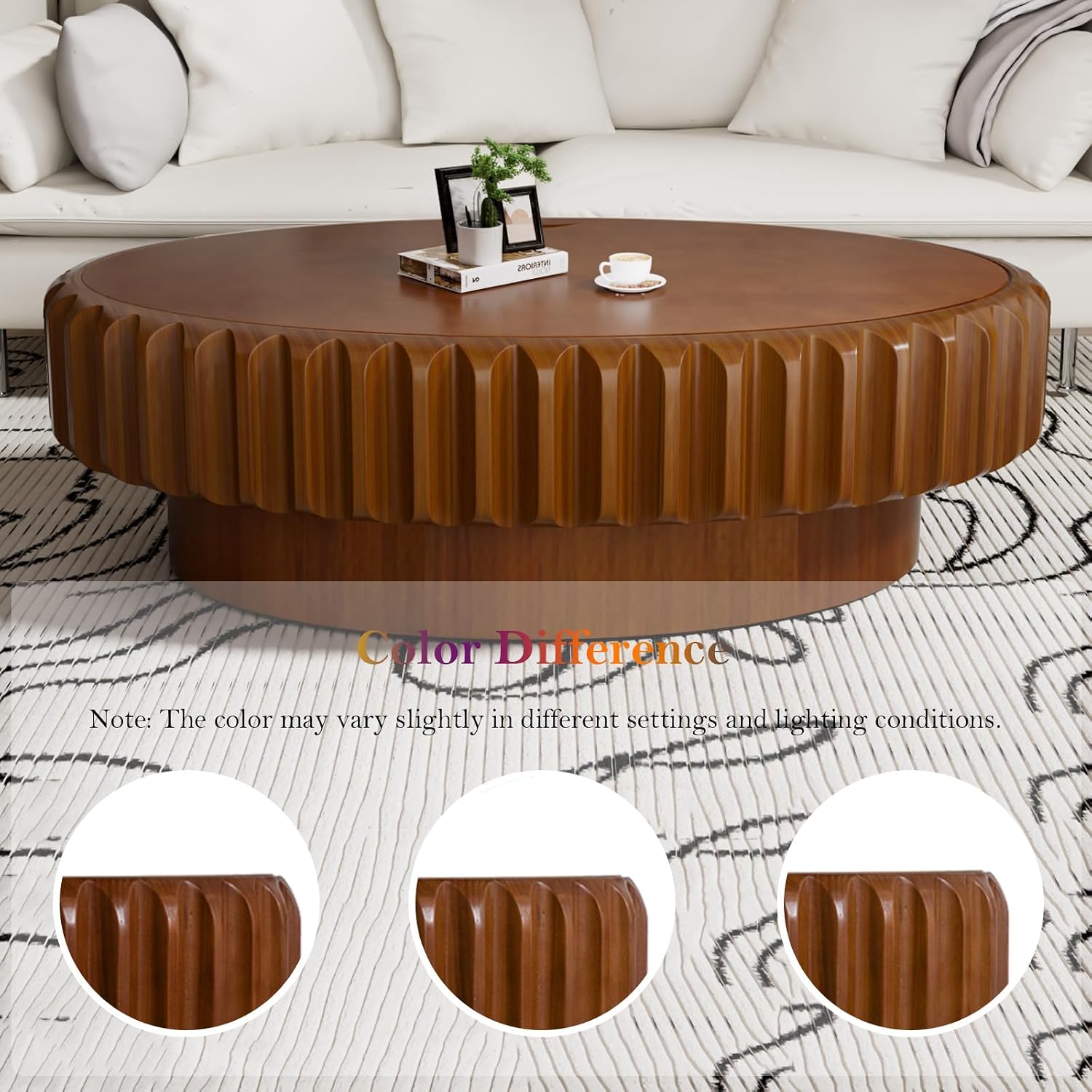 43.3' Oval Drum Coffee Table - Handcraft Solid Wood Edge Stripe Rustic Chic Fluted Tea Table with with Storage for Small Space Apartment (E 43.3in)