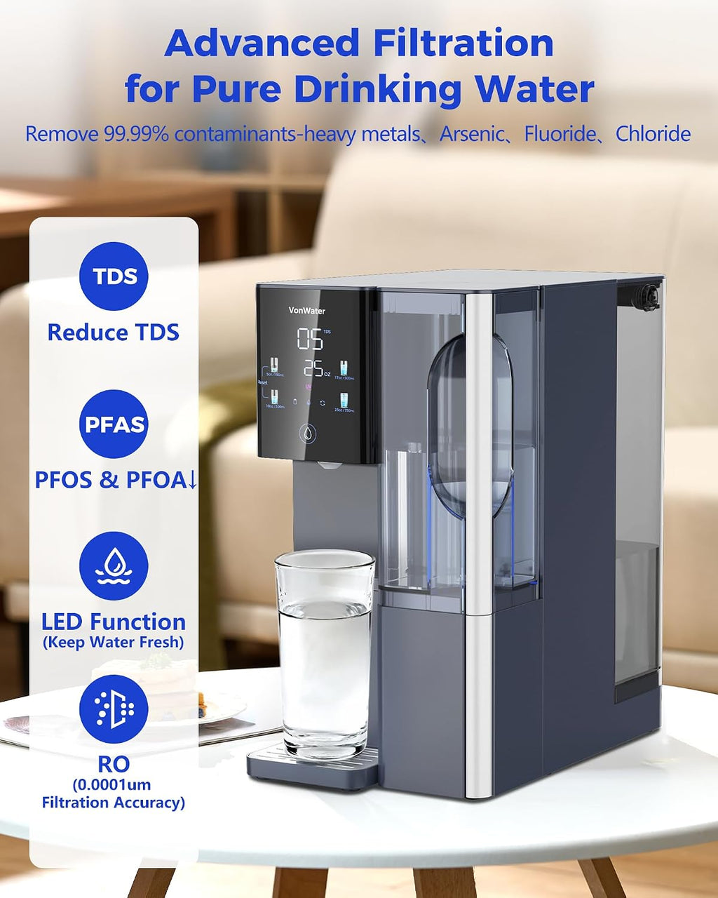 7-Stage Countertop Reverse Osmosis Water Filter System, 528 Gallons RO Water Filtration with Portable Pitcher, NSF/ANSI 372,53,42,58, Reduce TDS PFAS, 5 Volumes, 3:1 Pure to Drain CT910