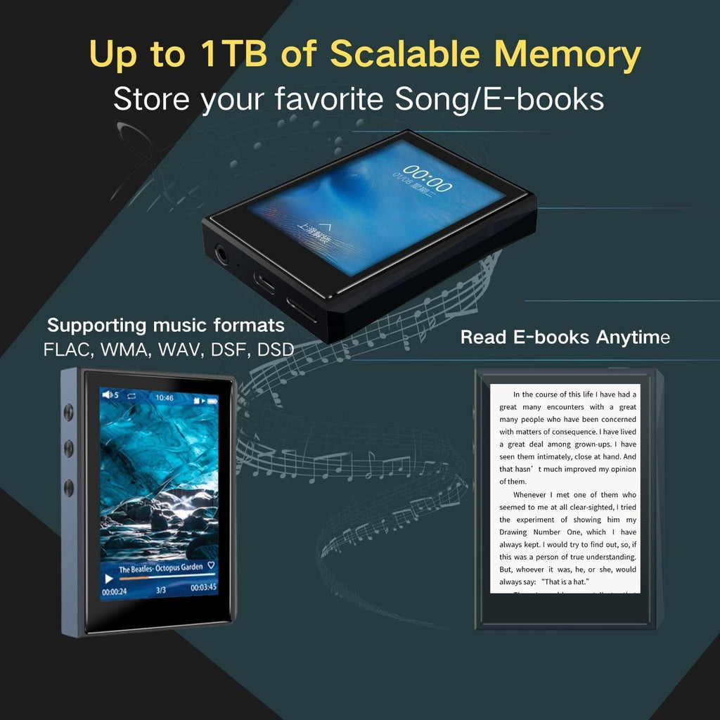Surfans F22 Portable HiFi MP3 Player – Lossless Music Player with Bluetooth, DAC Chip, Audiobook & E-Book Support – 2.8' Touchscreen – DSD256, PCM 384kHz – 32GB, up to 1TB