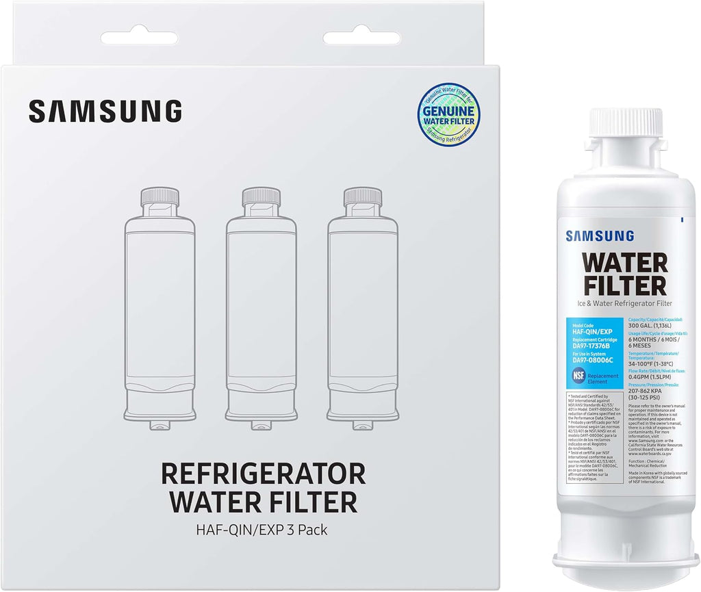 SAMSUNG Genuine Filters for Refrigerator Water and Ice, Carbon Block Filtration for Clean, Clear Drinking Water, HAF-QIN-3P, (Pack of 3)