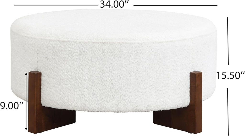 Christopher Knight Home Holmes Modern Boulce Upholstered Ottoman Coffee Table, Wooden Round Cocktail Ottoman, Large Living Room Sofa Footstool/Footrest, White+Walnut