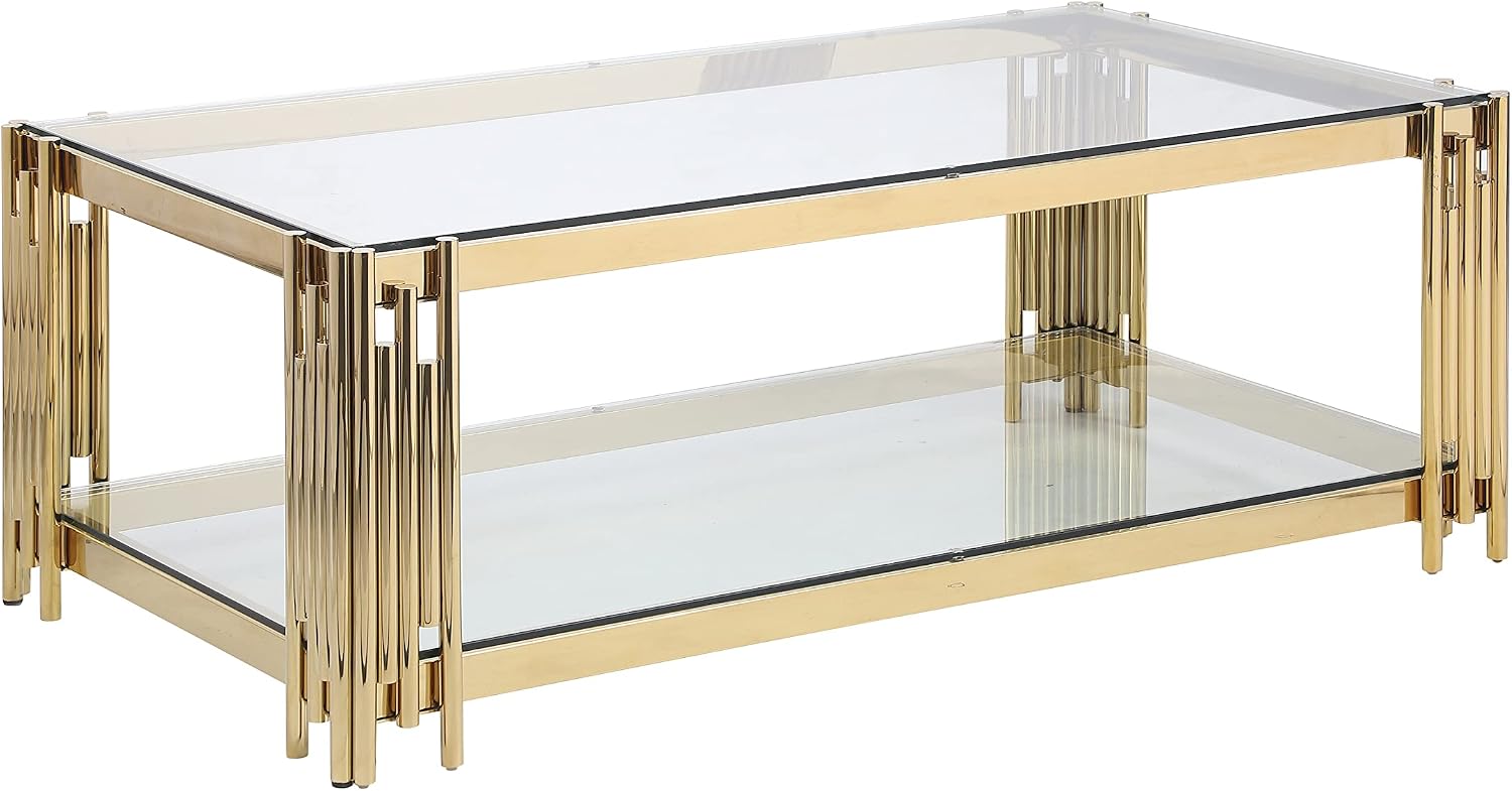 48' Rectangle Glass Coffee Table with Storage, Luxury 2-Tier Living Room Center Table w/Gold Stainless Steel Frame, Modern Clear Glass Coffee Cocktail Tea Table for Home Office