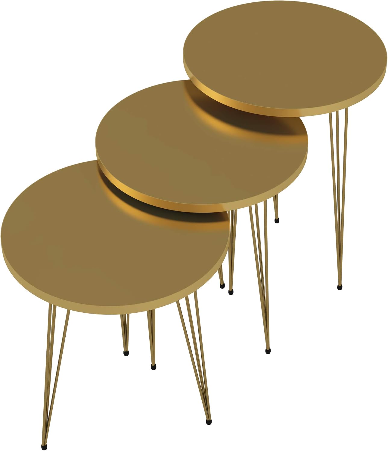 Set of 3 High Gloss Gold Nesting End Tables Round Wood Stacking Coffee Side Accent Table with Metal Legs for Living Room, Home Office, Nightstands for Bedroom