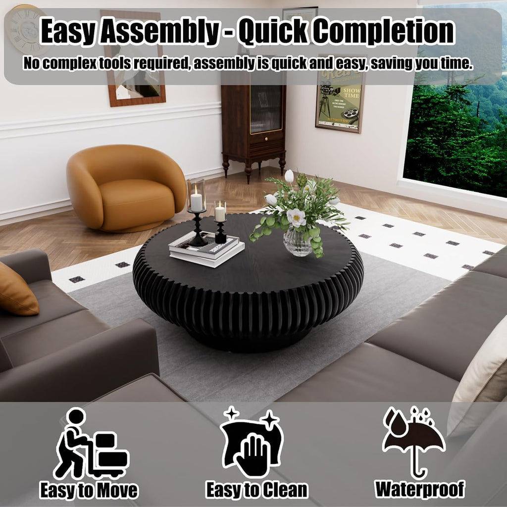 31.5' Round Drum Coffee Table, Modern Fluted Coffee Tables with Solid Wood Veneer, Wooden Circle Center Table for Living Room, Small Spaces, and Apartments, Easy Assembly