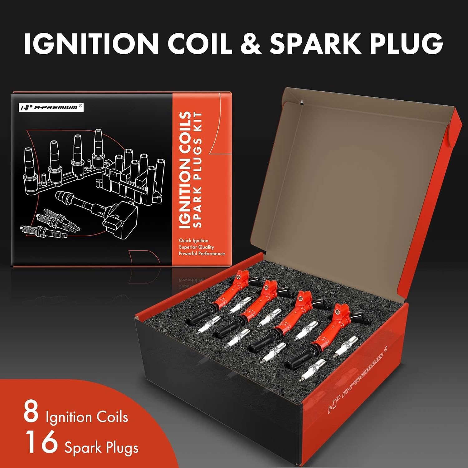 A-Premium (Red) Set of 16 Ignition Coil Pack and Iridium & Platinum Spark Plugs Compatible with Ford F-150 2010-2014, F-250 Super Duty, F-350 Super Duty, E-350 Super Duty, E-450 Super Duty, 6.2L