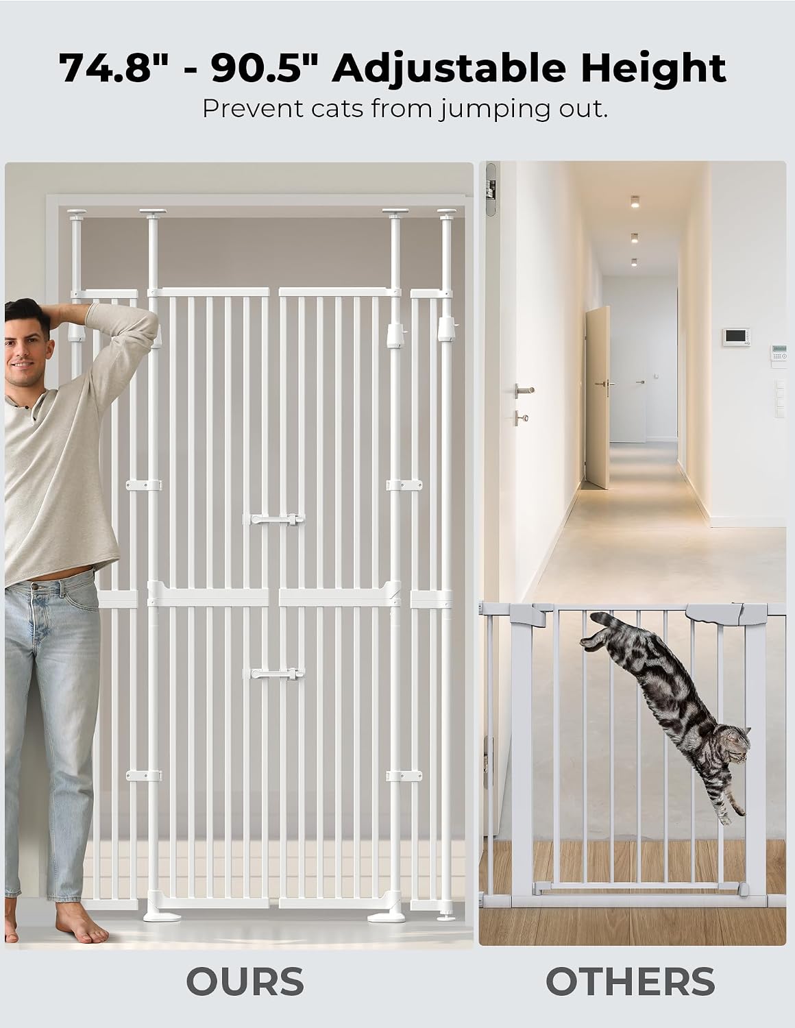 Extra Tall Cate Gate for Doorway: Pressure Mount 74.8'-90.5' Tall Cat Gate for Pets in Extra 30.3'-47.2' Width No Wall Drilling No Toddler for Indoor Stairs Hallway Room Safety Barrier
