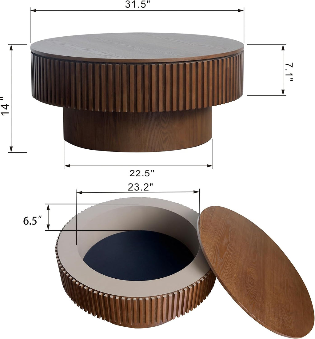 WILLIAMSPACE 31.49' Round Coffee Table with Storage for Living Room, Modern Circle Center Table with Solid Wood Veneered & Sturdy Pedestal, Accent End Tea Table for Apartment - Walnut