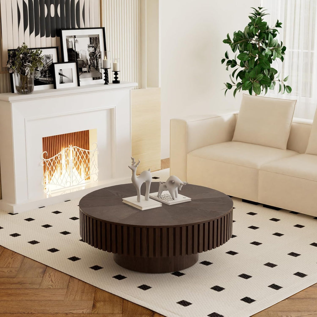 Round Coffee Table with Storage for Living Room Modern Brown Fluted Coffee Table Round Storage Drum Coffee Tables Low Circle Pedestal Center Table for Small Spaces (B Brown, 31.4 in)