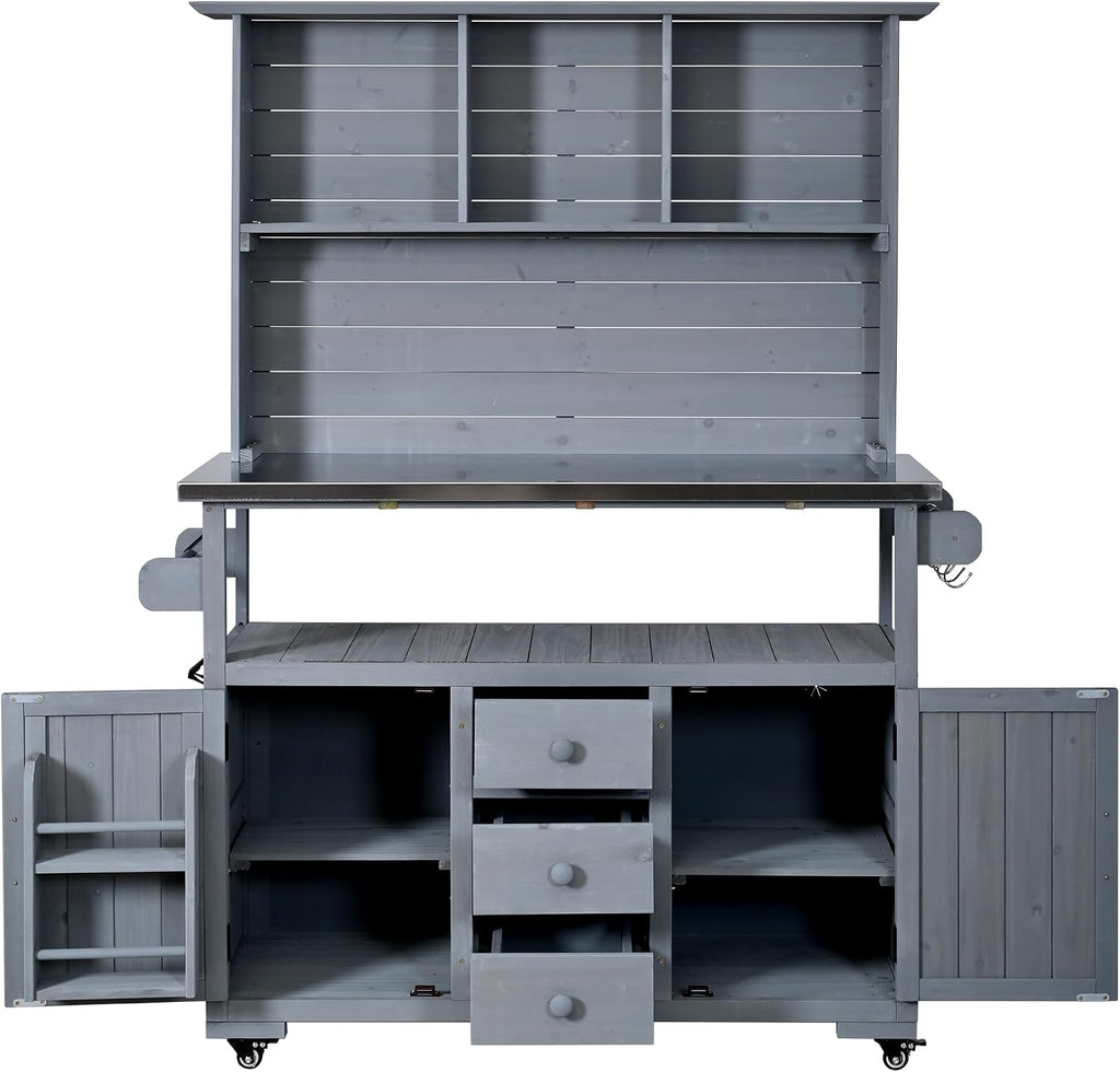 Merax 65''H Large Garden Storage Potting Bench with Lockable Wheels, Wood Outdoor Kitchen Island with Stainless Steel top, Drawers, Door Shelves and Hutch for Grilling, Gray