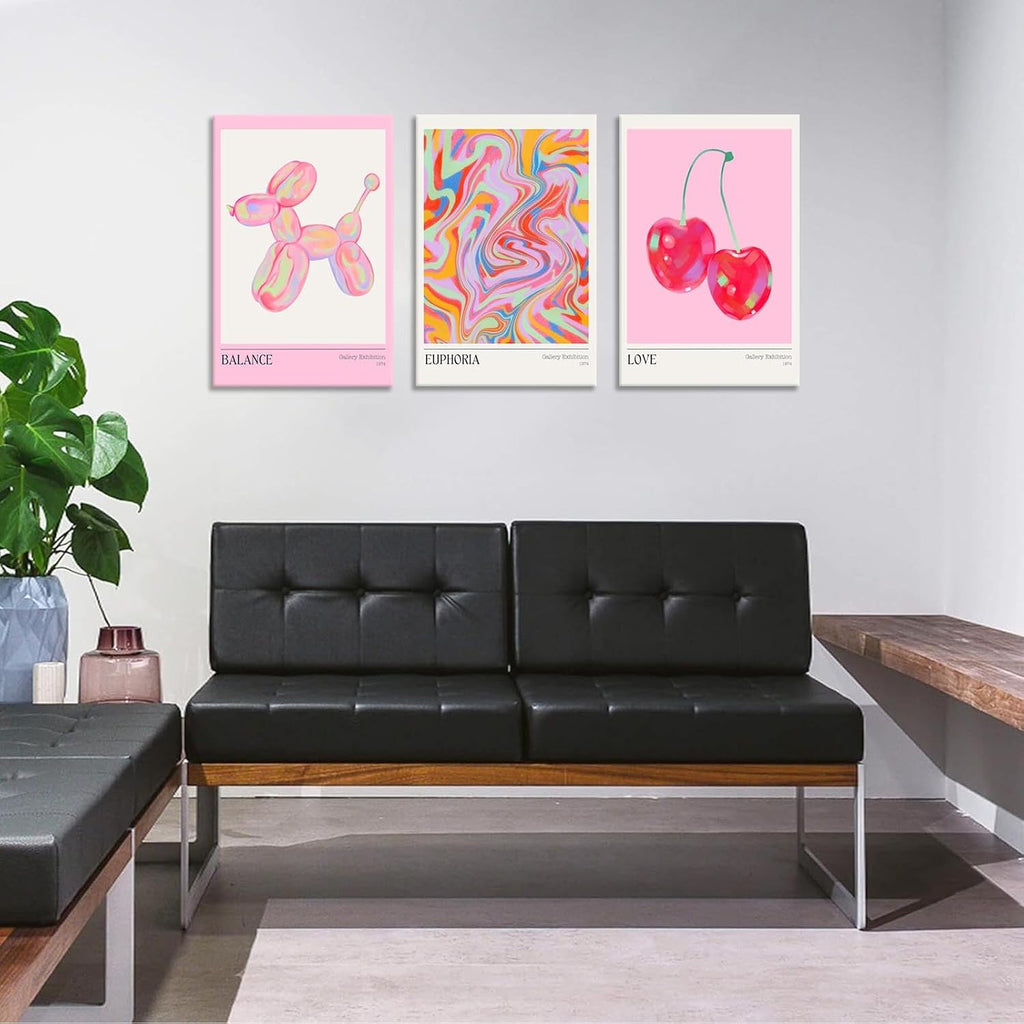 Trendy Set Of 3 Pink Cherry Cute Balloon Dog Posters Preppy Style Room Aesthetic Canvas Wall Art Gradient Aura Fresh Fruit Prints Painting For Home Bedroom Dorm Wall Decor 16X24in Wooden Frame