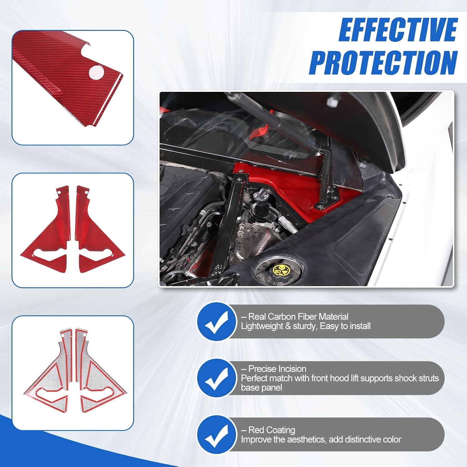 Real Carbon Fiber Engine Bay Panel Cover Compatible with Chevrolet Corvette C8 2020-2026, Front Hood Lift Supports Shock Struts Base Trim Cover Accessories 2Pcs (Red)