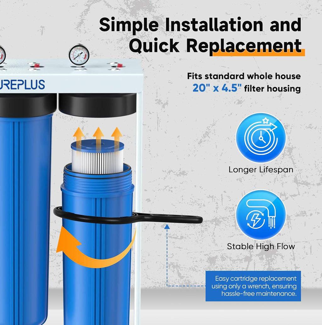 PUREPLUS 20-Inch 3-Stage Whole House Water Filter, Home Filtration System | Pleated Pre-Filter, Activated Carbon & Iron-Manganese Reducing | Built-in Pressure Gauges, with Steel Stand Frame