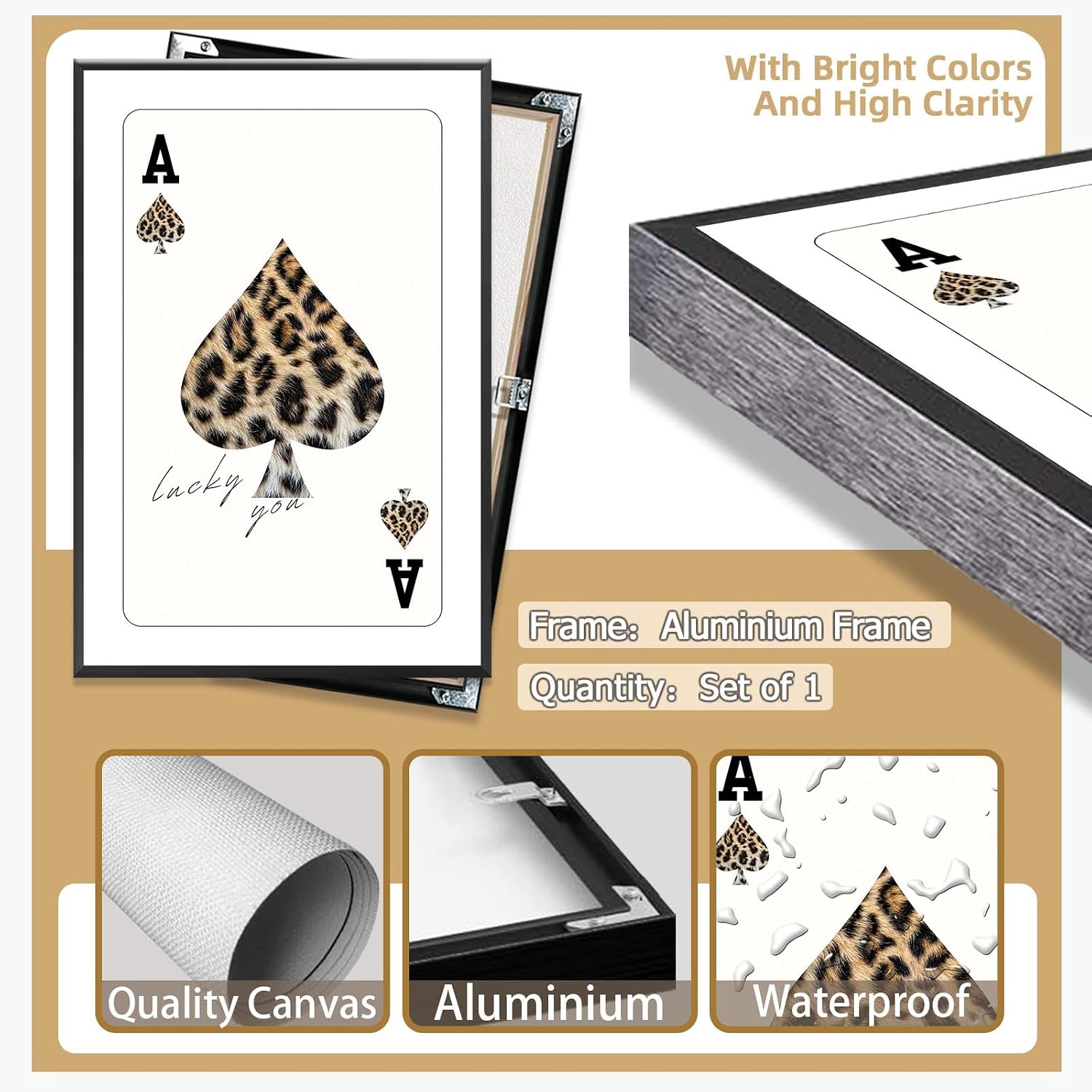 Trendy Ace Of Spades Lucky You Leopard Posters Minimalism Room Aesthetics Canvas Wall Art Funny Playing Card Prints Painting For Game Room Home Bedroom Dorm Wall Decor 24X36in Black Frame