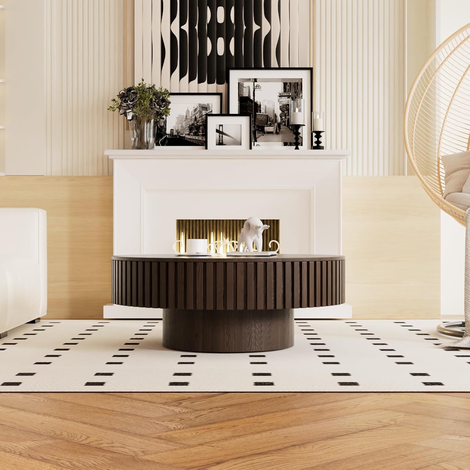 Round Coffee Table with Storage for Living Room Modern Brown Fluted Coffee Table Round Storage Drum Coffee Tables Low Circle Pedestal Center Table for Small Spaces (B Brown, 31.4 in)
