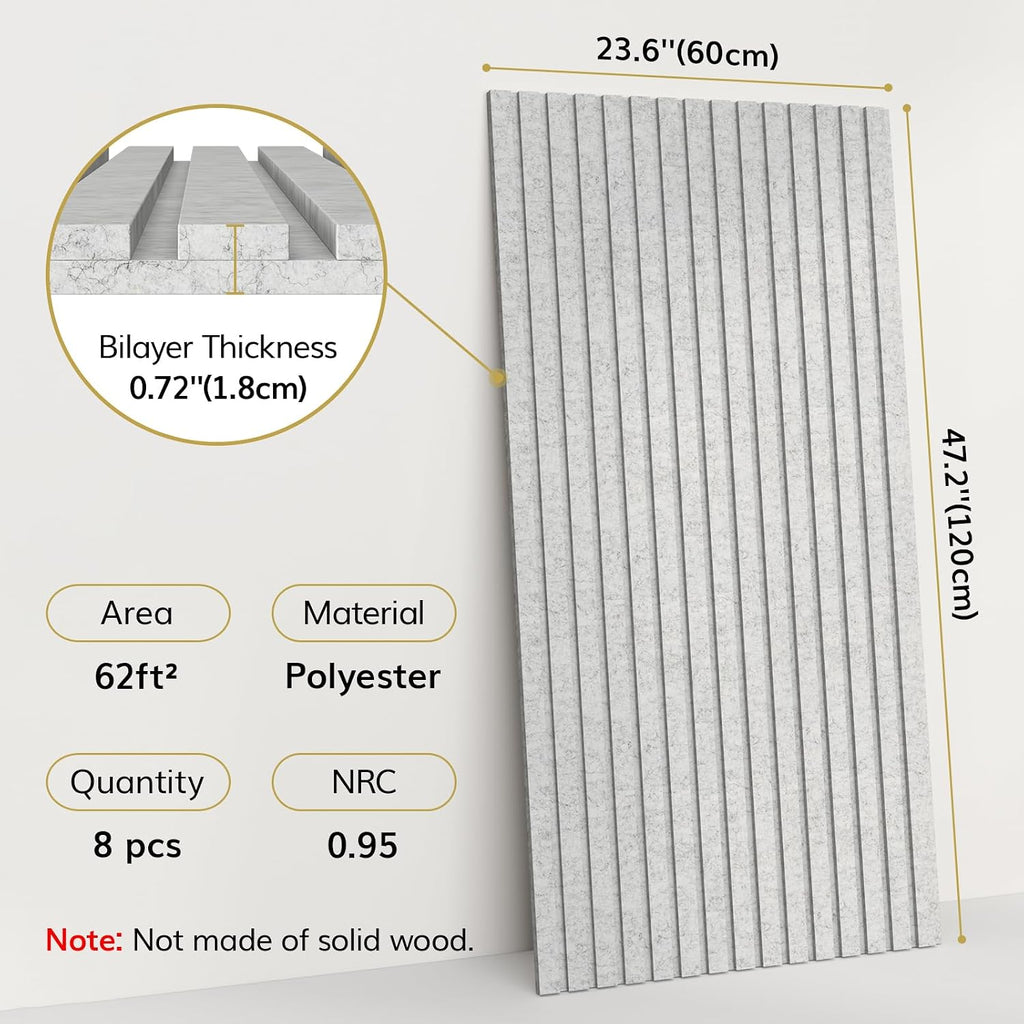 TONOR Dual-Layer Thickened Acoustic Wall Panels Self Adhesive, 8 pack 47.2'x23.6'x0.72' High Density Large Sound Proof Panels for Walls, Peel and Stick Wall Panels for Interior Wall Décor, Grey