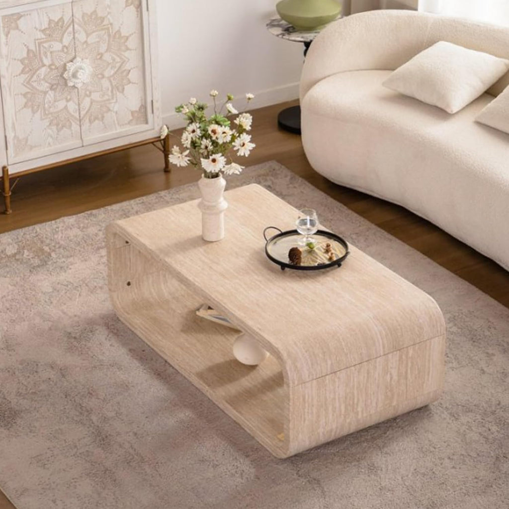 47.24' Faux Mars Coffee Table with Storage Shelf, 2-Tier Travertine Coffee Tables for Living Room,Modern Rectangle Center Tea Table with Rounded Corners for Apartment Bedroom Office, Easy Assembly