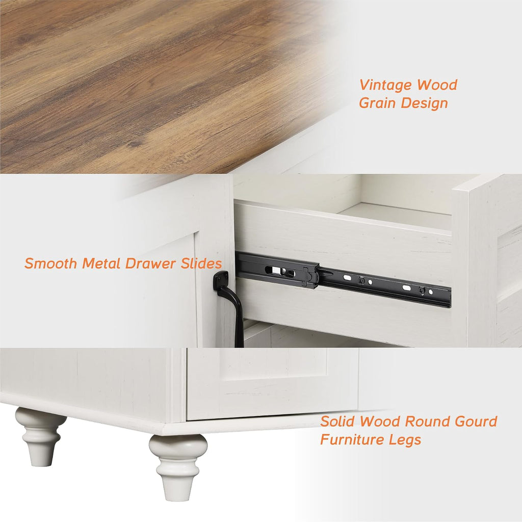 WAMPAT White Coffee Table Set of 3, One Wood Center Table with Drawers, 2 End Side Tables with Charging Station, 3 Pieces Living Room Table Set