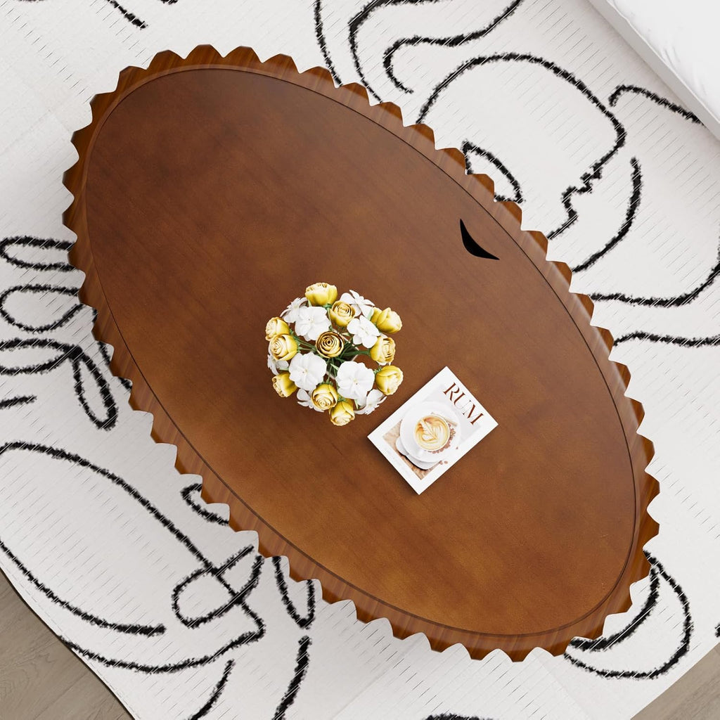 43.3' Oval Drum Coffee Table with Hidden Storage, Modern Fluted Coffee Tables with Solid Wood Veneer, Wooden Center Table for Living Room, Bedroom, Apartment, Easy Assembly